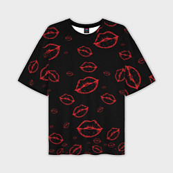 Футболка оверсайз мужская Паттерн красные губы на черном - lips red, цвет: 3D-принт