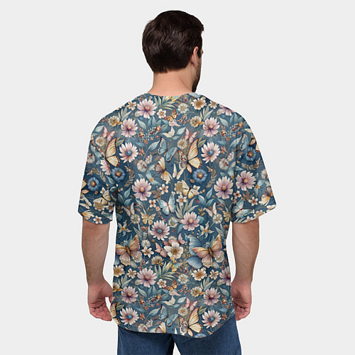 Мужская футболка оверсайз Летний узор с цветами и бабочками / 3D-принт – фото 4