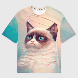 Футболка оверсайз мужская Мемный кот Grumpy Cat с нимбом, цвет: 3D-принт