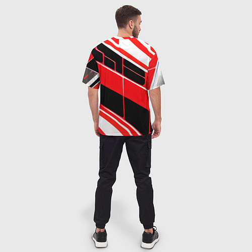Мужская футболка оверсайз Красно-белые полосы и чёрный фон / 3D-принт – фото 4