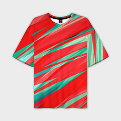 Футболка оверсайз мужская Красный и бирюзовый абстрактный полосы, цвет: 3D-принт