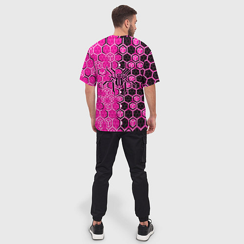 Мужская футболка оверсайз Техно-киберпанк шестиугольники розовый и чёрный с / 3D-принт – фото 4