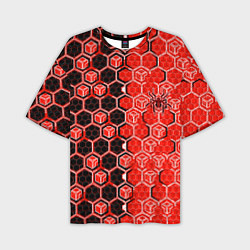 Футболка оверсайз мужская Техно-киберпанк шестиугольники красный и чёрный с, цвет: 3D-принт