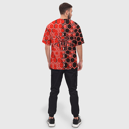 Мужская футболка оверсайз Техно-киберпанк шестиугольники красный и чёрный с / 3D-принт – фото 4