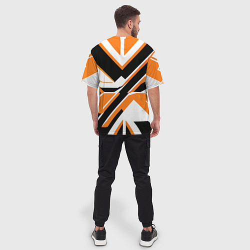 Мужская футболка оверсайз Чёрно-оранжевые широкие линии на белом фоне / 3D-принт – фото 4