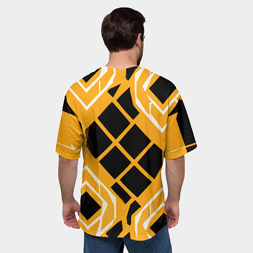 Мужская футболка оверсайз Чёрные квадраты и белые полосы на оранжевом фоне / 3D-принт – фото 4