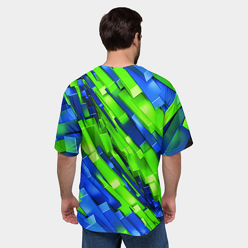 Мужская футболка оверсайз Сине-зеленые наклонные блоки / 3D-принт – фото 4