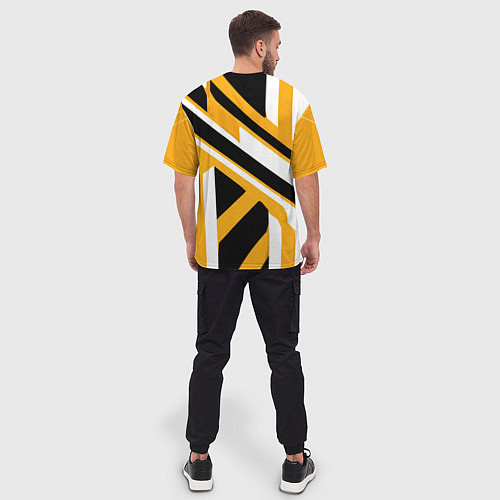 Мужская футболка оверсайз Чёрно-белые полосы и фигуры на жёлтом фоне / 3D-принт – фото 4