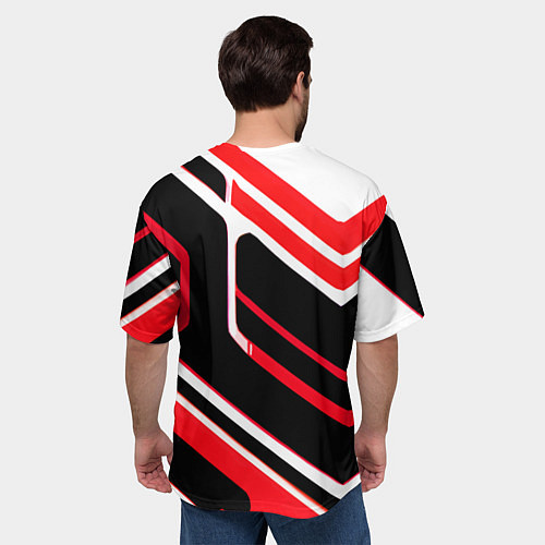 Мужская футболка оверсайз Бело-красные линии на чёрном фоне / 3D-принт – фото 4