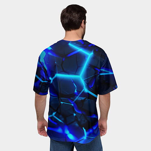 Мужская футболка оверсайз Яркие голубые неоновые плиты в разломе / 3D-принт – фото 4