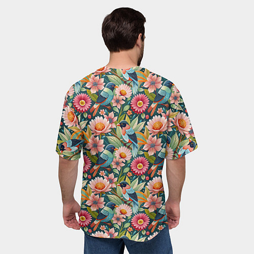 Мужская футболка оверсайз Тропические птицы в цветах / 3D-принт – фото 4