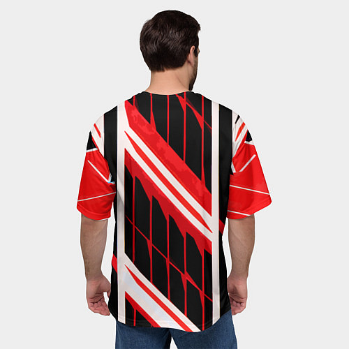 Мужская футболка оверсайз Red and white lines on a black background / 3D-принт – фото 4