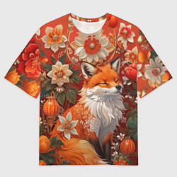 Футболка оверсайз мужская Умилительный лисёнок в цветах, цвет: 3D-принт
