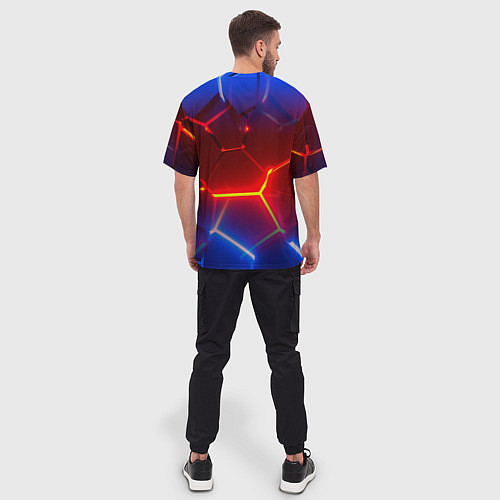 Мужская футболка оверсайз Светящиеся лавой неоновые плиты в разломе / 3D-принт – фото 4