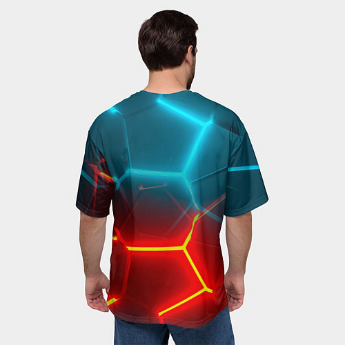 Мужская футболка оверсайз Голубые и красные неоновые плиты в разломе / 3D-принт – фото 4