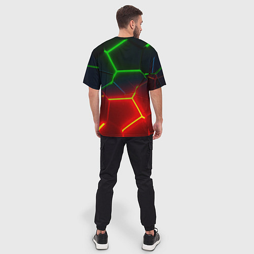 Мужская футболка оверсайз Зеленые и красные неоновые плиты в разломе / 3D-принт – фото 4