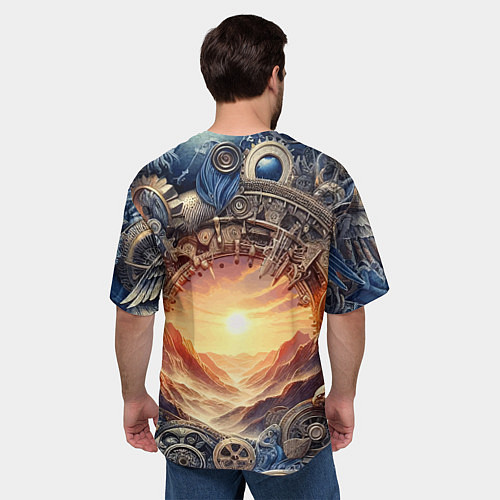 Мужская футболка оверсайз Закат солнца в горах - стимпанк коллаж / 3D-принт – фото 4