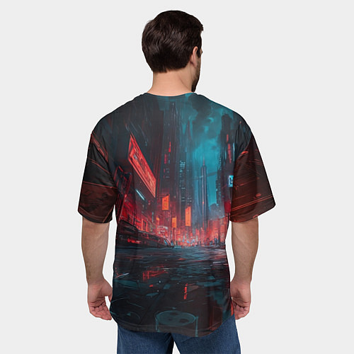 Мужская футболка оверсайз Автомобиль в неоновом городе / 3D-принт – фото 4