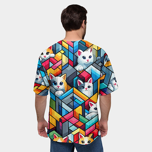 Мужская футболка оверсайз Геометрический паттерн с котятами - нейросеть / 3D-принт – фото 4