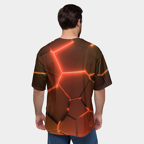 Мужская футболка оверсайз Оранжевые неоновые плиты в разломе / 3D-принт – фото 4