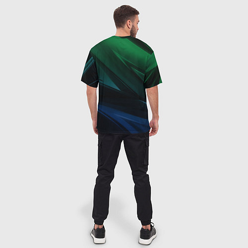 Мужская футболка оверсайз Зелено-синие абстрактные объемные полосы / 3D-принт – фото 4