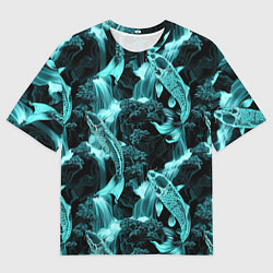 Мужская футболка оверсайз Карпы кои и водопад - бирюзовый неон