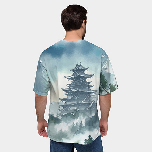 Мужская футболка оверсайз Японская пагода в тумане - нейросеть / 3D-принт – фото 4