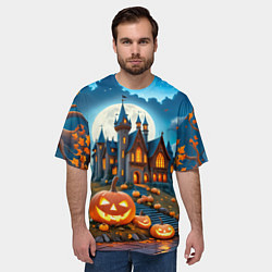 Футболка оверсайз мужская Ночь Хэллоуина тыквы и замок, цвет: 3D-принт — фото 2