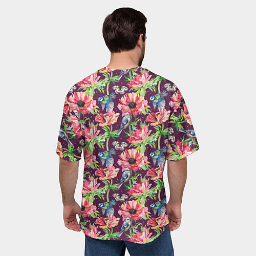 Мужская футболка оверсайз Птицы и цветы / 3D-принт – фото 4