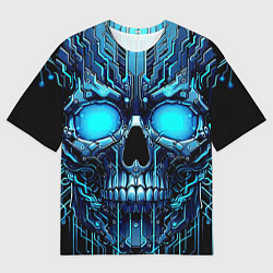 Футболка оверсайз мужская Неоновый кибер череп - нейроарт микросхема, цвет: 3D-принт