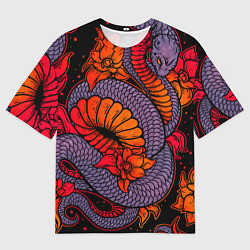 Футболка оверсайз мужская Цветы и змея - Японский стиль, цвет: 3D-принт