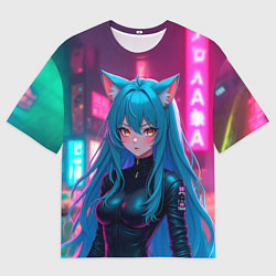 Футболка оверсайз мужская Девушка-кошка в стиле киберпанк, цвет: 3D-принт