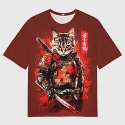 Футболка оверсайз мужская Кот самурай после боя, цвет: 3D-принт
