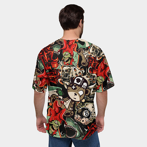 Мужская футболка оверсайз Граффити плюшевого медведя среди акул азарта / 3D-принт – фото 4