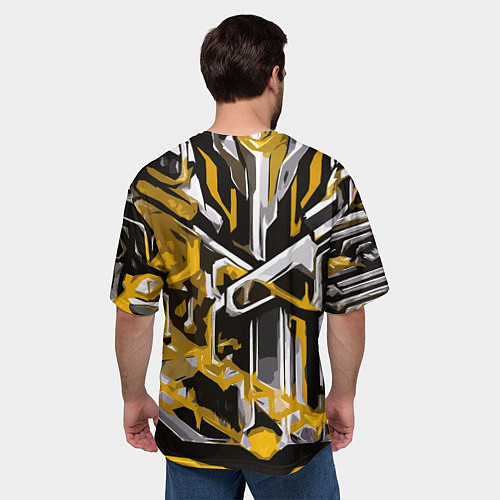 Мужская футболка оверсайз Жёлто-белая агрессивная абстракция на чёрном фоне / 3D-принт – фото 4