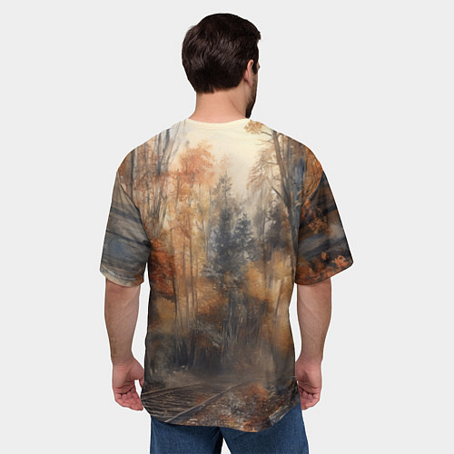 Мужская футболка оверсайз Паровоз в осеннем лесу / 3D-принт – фото 4