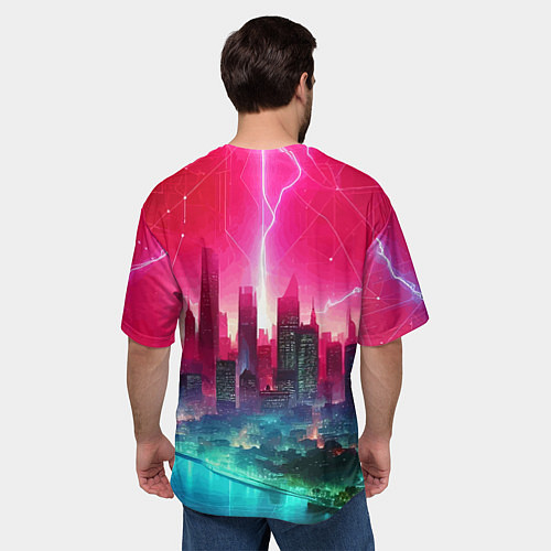 Мужская футболка оверсайз Неоновая гроза в мегаполисе - удар молнии / 3D-принт – фото 4