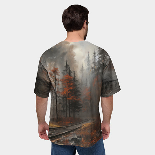 Мужская футболка оверсайз Паровоз в осеннем лесу / 3D-принт – фото 4