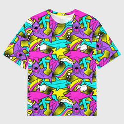 Футболка оверсайз мужская Цветные акулы паттерн, цвет: 3D-принт
