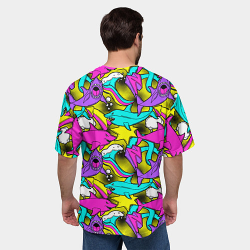 Мужская футболка оверсайз Цветные акулы паттерн / 3D-принт – фото 4
