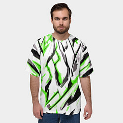 Футболка оверсайз мужская Чёрно-зелёные агрессивные полосы на белом фоне, цвет: 3D-принт — фото 2