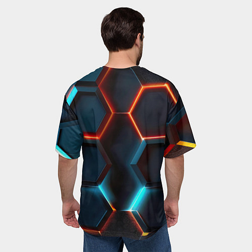 Мужская футболка оверсайз Неоновые темно синие соты / 3D-принт – фото 4