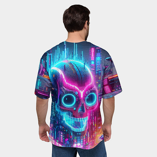 Мужская футболка оверсайз Neon skull in metropolis - future / 3D-принт – фото 4