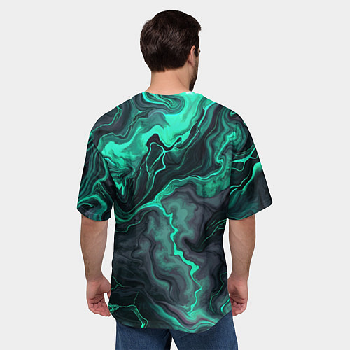 Мужская футболка оверсайз Бирюзовый мрамор на черном фоне / 3D-принт – фото 4