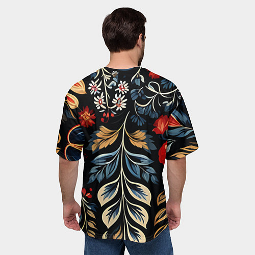 Мужская футболка оверсайз Русские узоры на черном фоне / 3D-принт – фото 4