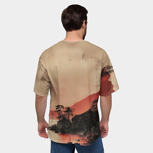 Мужская футболка оверсайз Башня на фоне алого заката - Япония / 3D-принт – фото 4