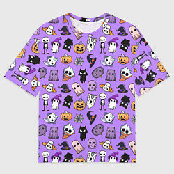 Мужская футболка оверсайз Кавайный хэллоуин - призраки и черепа на сиреневом