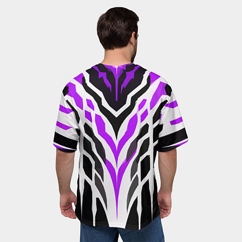 Мужская футболка оверсайз Агрессивные фиолетово-белые полосы на чёрном фоне / 3D-принт – фото 4