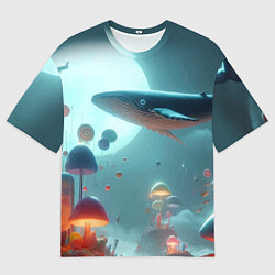 Футболка оверсайз мужская Плывущий по небу кит среди грибов - фантазия, цвет: 3D-принт