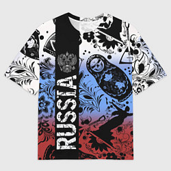 Футболка оверсайз мужская Герб России на фоне матрёшек балалайки и славянски, цвет: 3D-принт